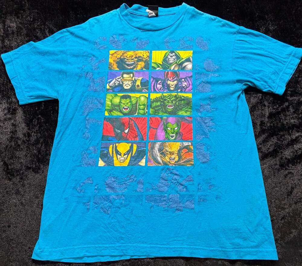 Men Large Y2K Mad Engine Marvel Good vs Evil AOP Tshirt